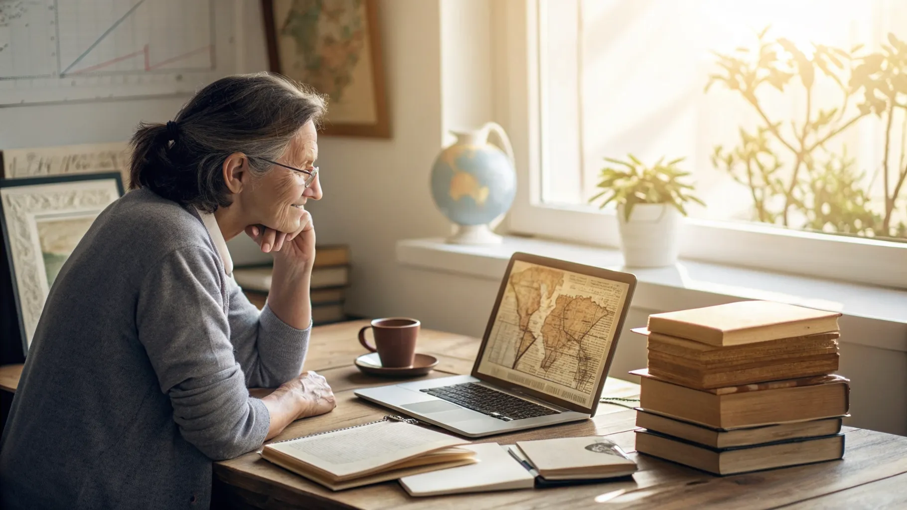 An adult studying history on a laptop at a desk with open books