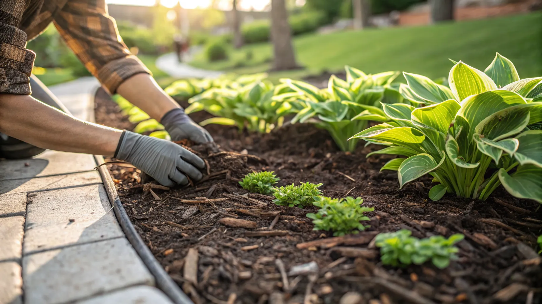 A gardener demonstrating sustainable weed removal by applying mulch in a garden.