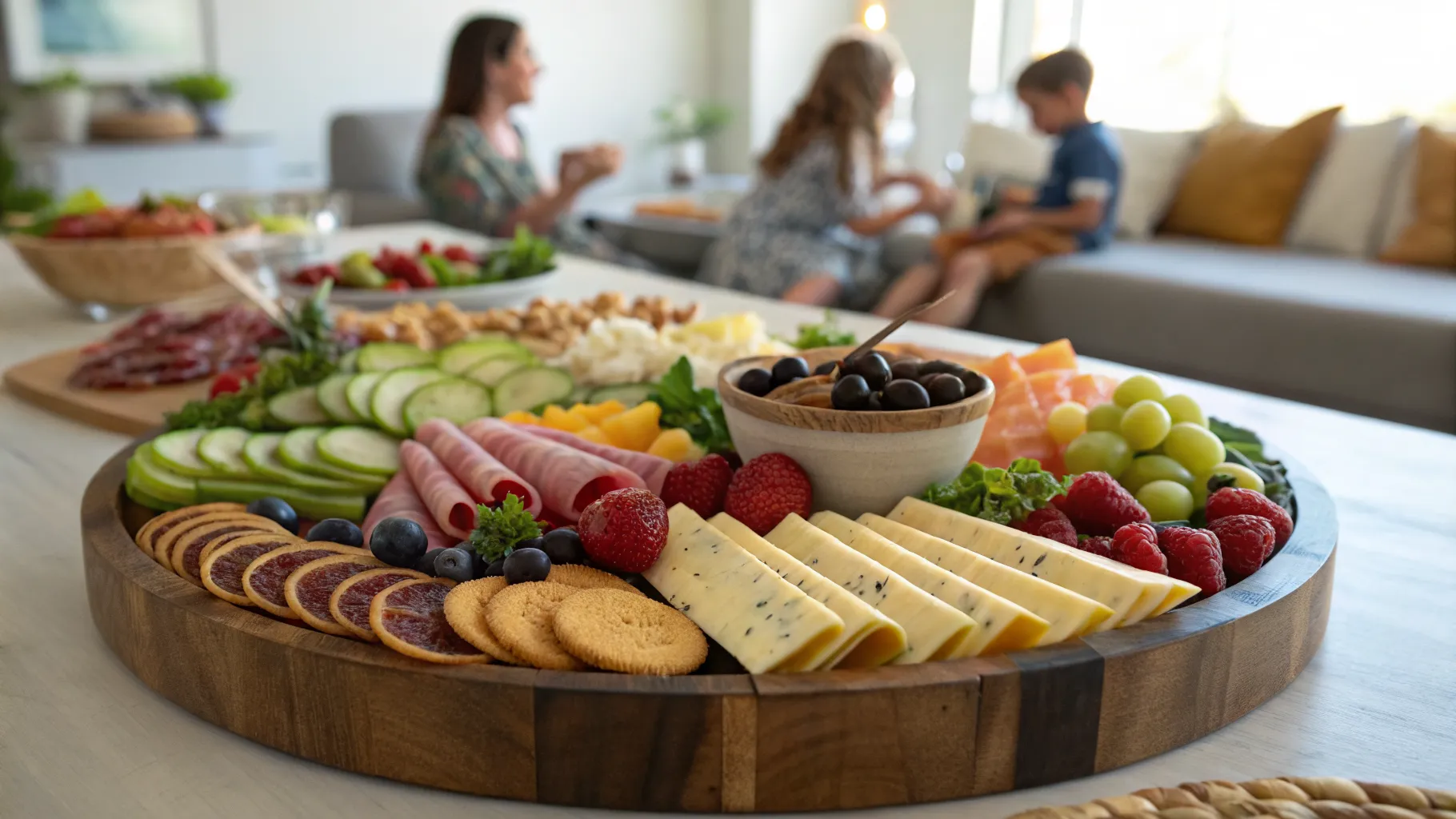 A beautifully arranged large wooden board featuring crowd pleasing meat cheese trays with assorted crackers, fruits, and nuts for a family gathering.