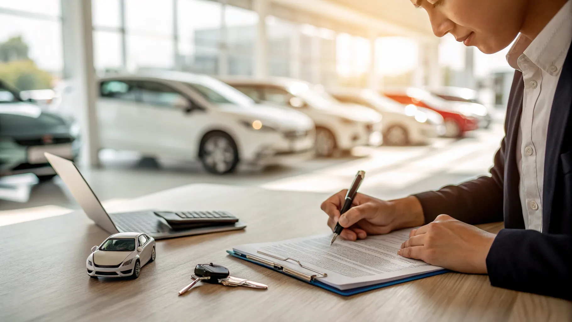 A person carefully reviewing a rent-to-own car agreement at a dealership desk with car keys nearby.