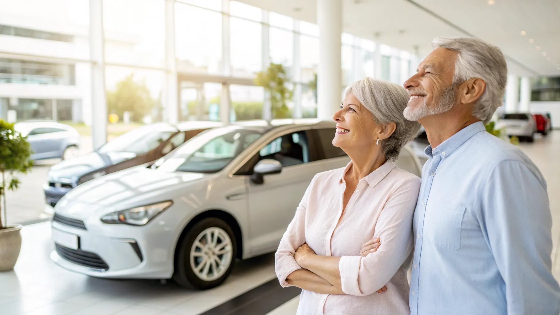 An elderly man smiles while holding car keys next to his modern rent-to-own sedan, symbolizing independence for seniors.