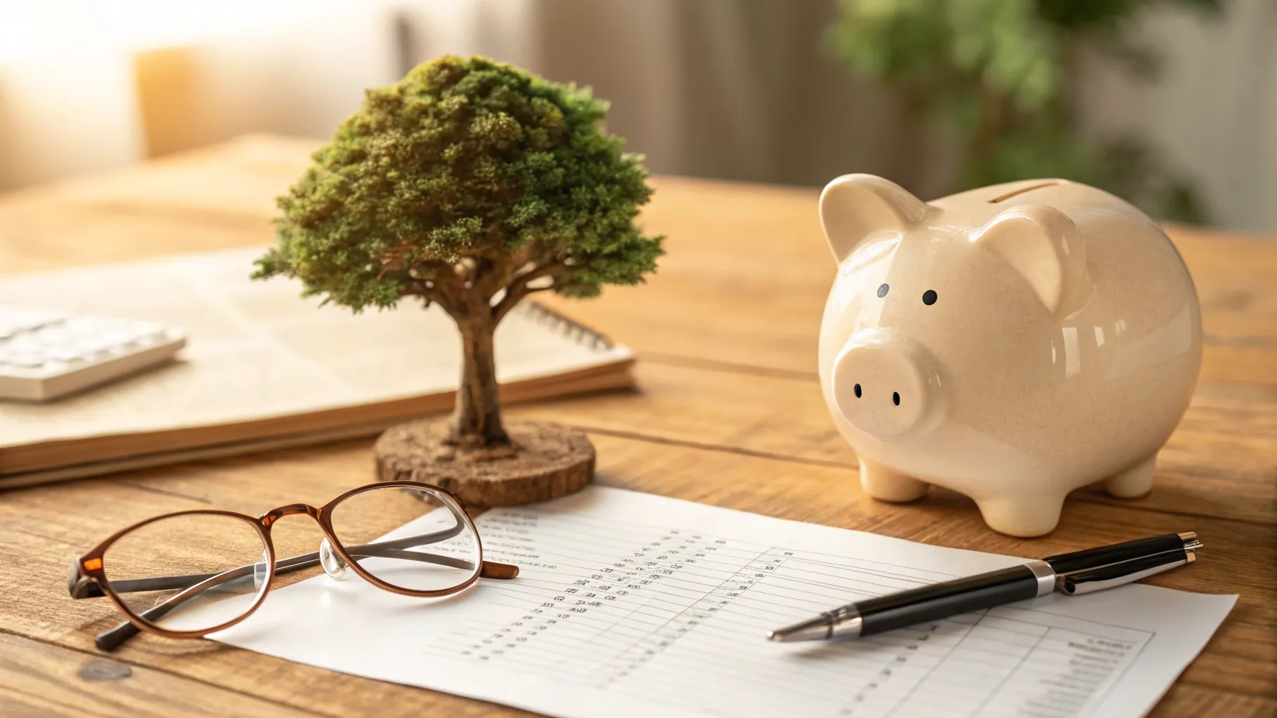 A mature couple reviewing their financial documents with a calculator and a piggy bank, symbolizing secure retirement planning.