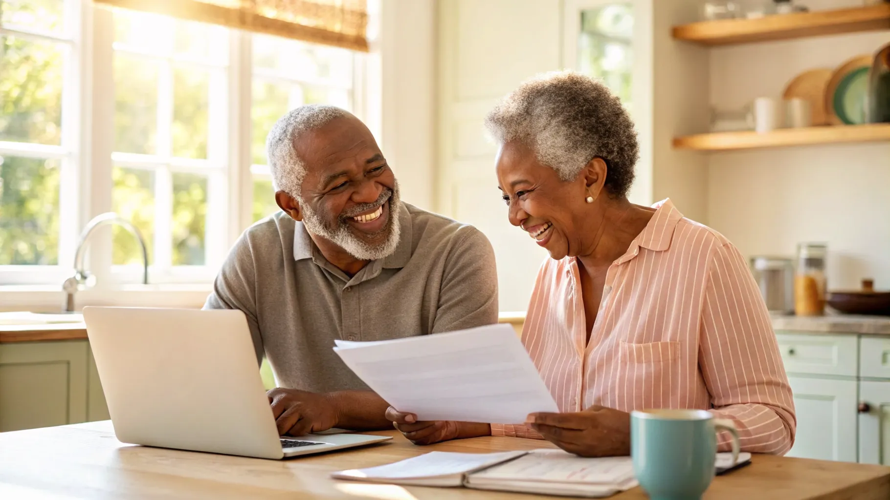 A smiling senior couple reviewing a dental insurance policy document at their kitchen table, with a laptop open nearby.
