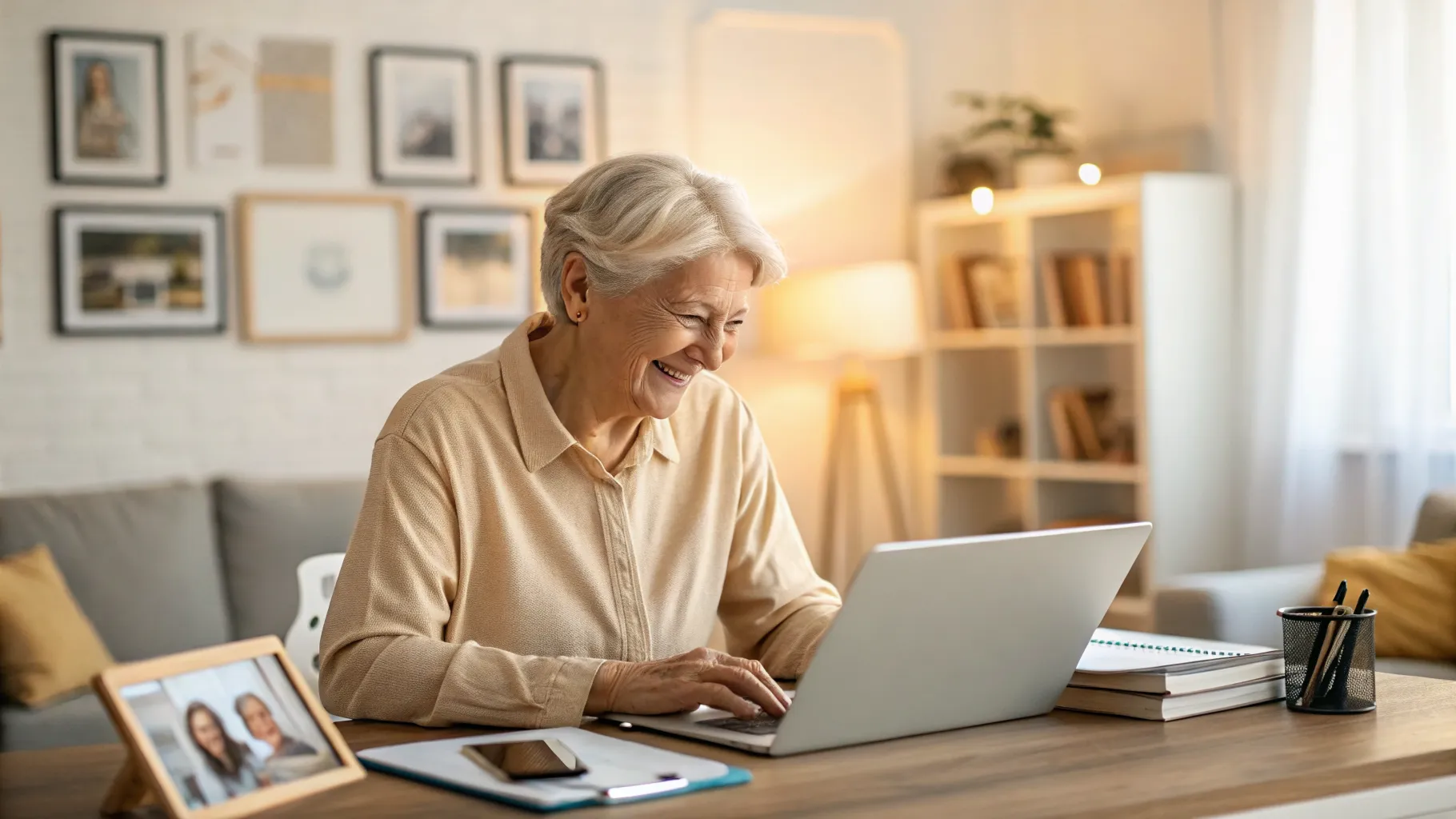 An older adult smiles while using a laptop for a video call, illustrating the benefits of affordable senior internet access.