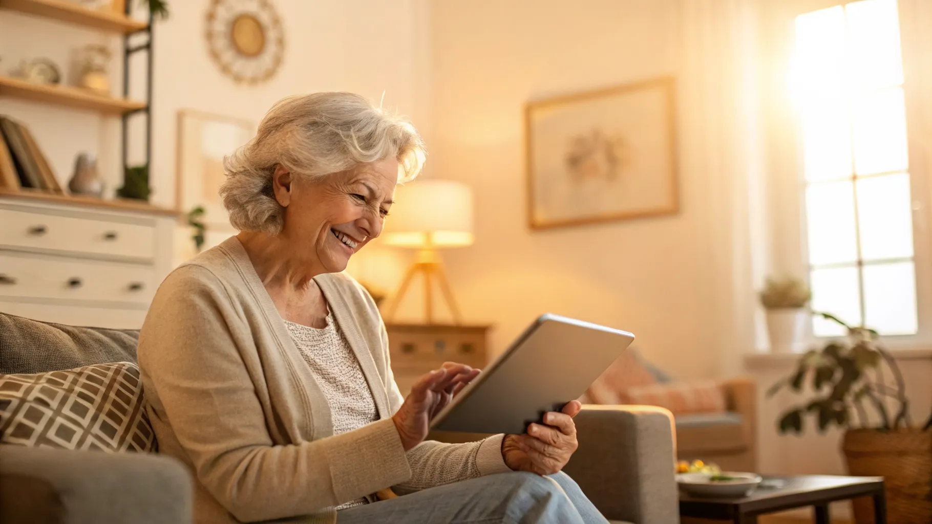 A senior woman sits comfortably on her couch, smiling while navigating a tablet, representing access to affordable home internet.