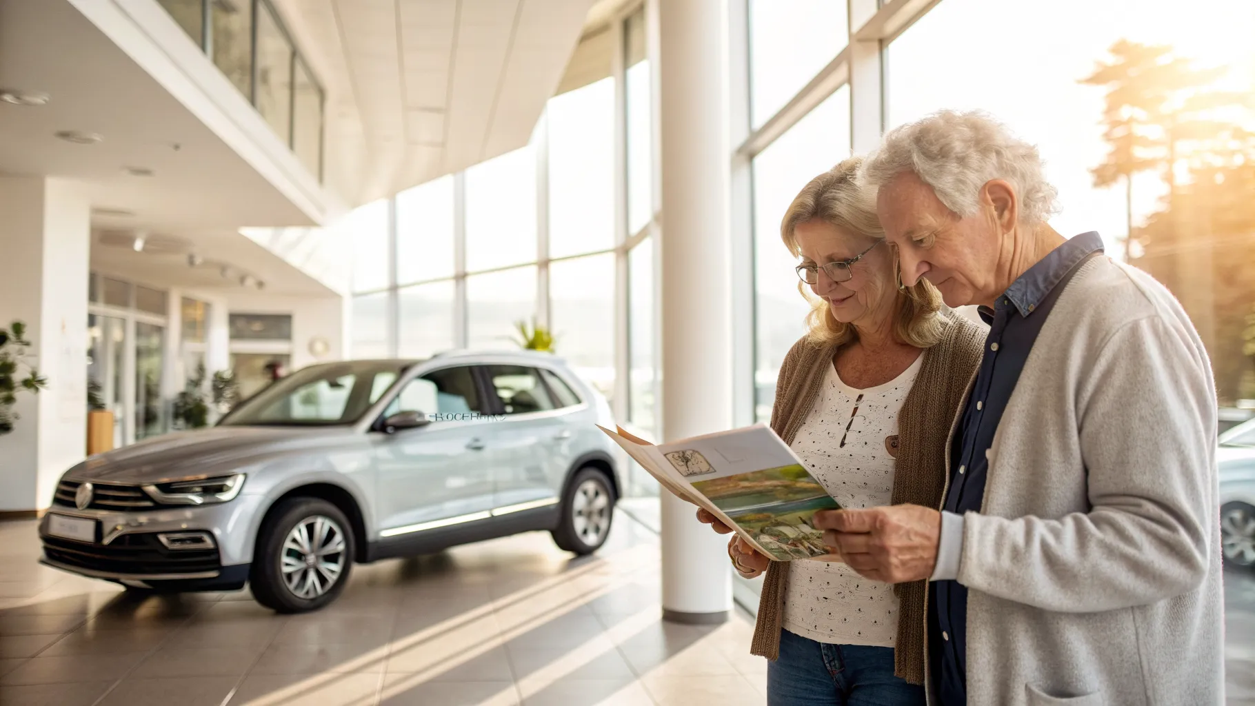An older couple discussing a vehicle purchase with a dealership representative in a bright showroom