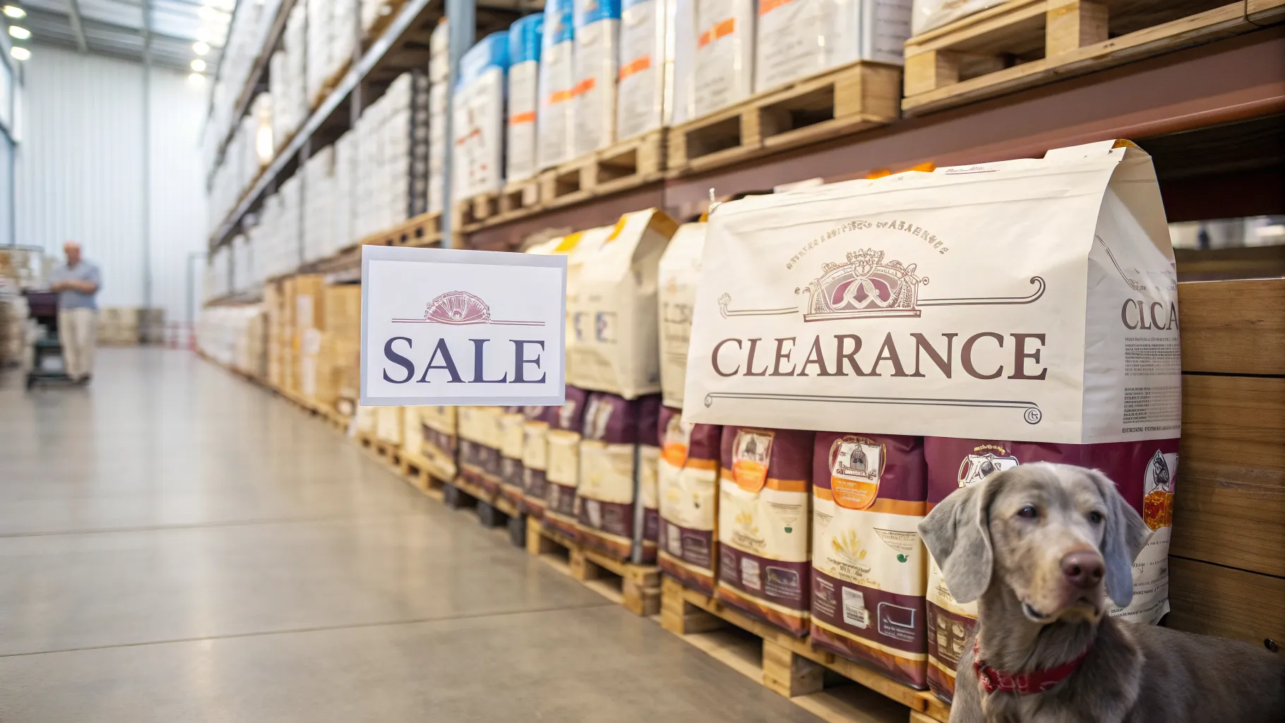 A variety of premium senior dog food bags on display during a major bulk dog food clearance event.