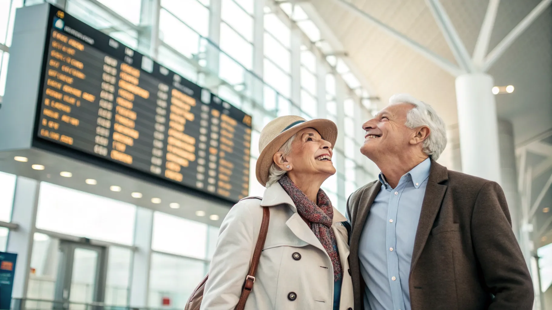 A smiling senior couple looking at a flight departure board in an airport terminal, planning their travel.