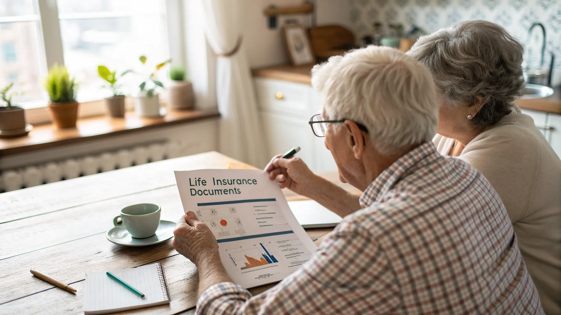 A senior couple reviewing documents for affordable senior life coverage at their kitchen table.