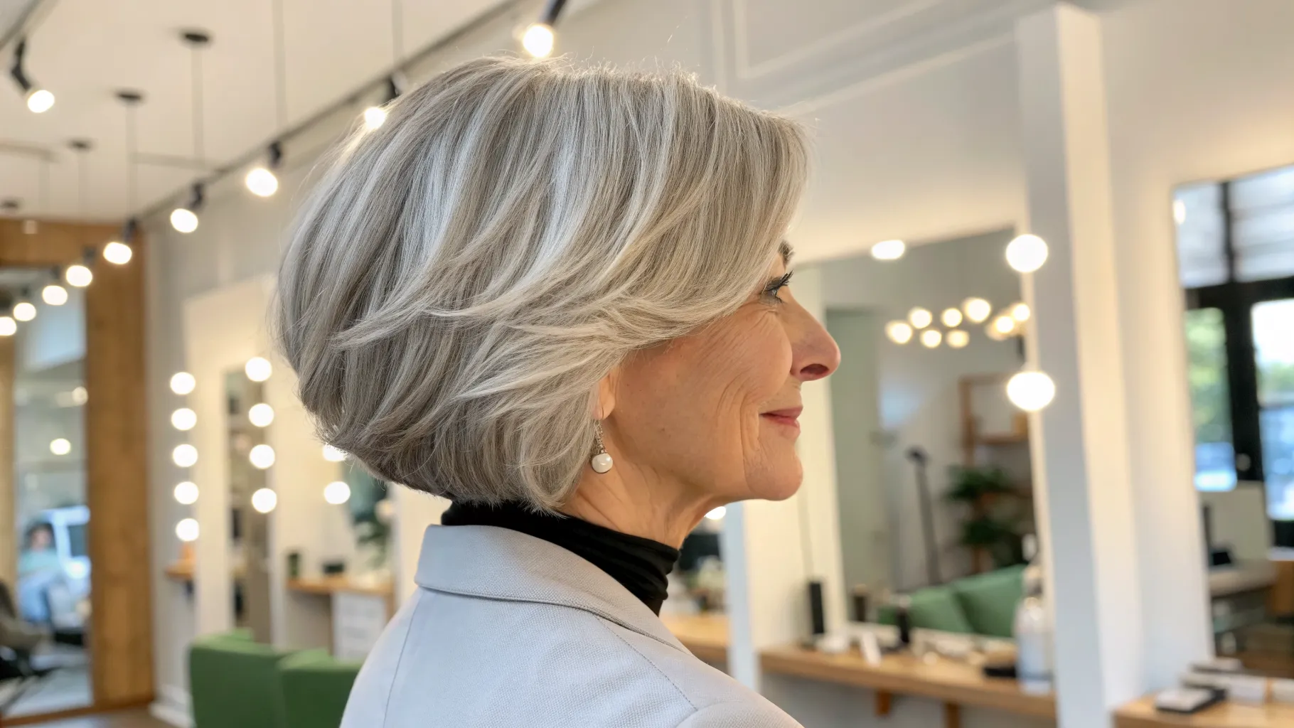 An elegant older woman showing off one of the best anti aging haircuts for women, a modern textured bob.