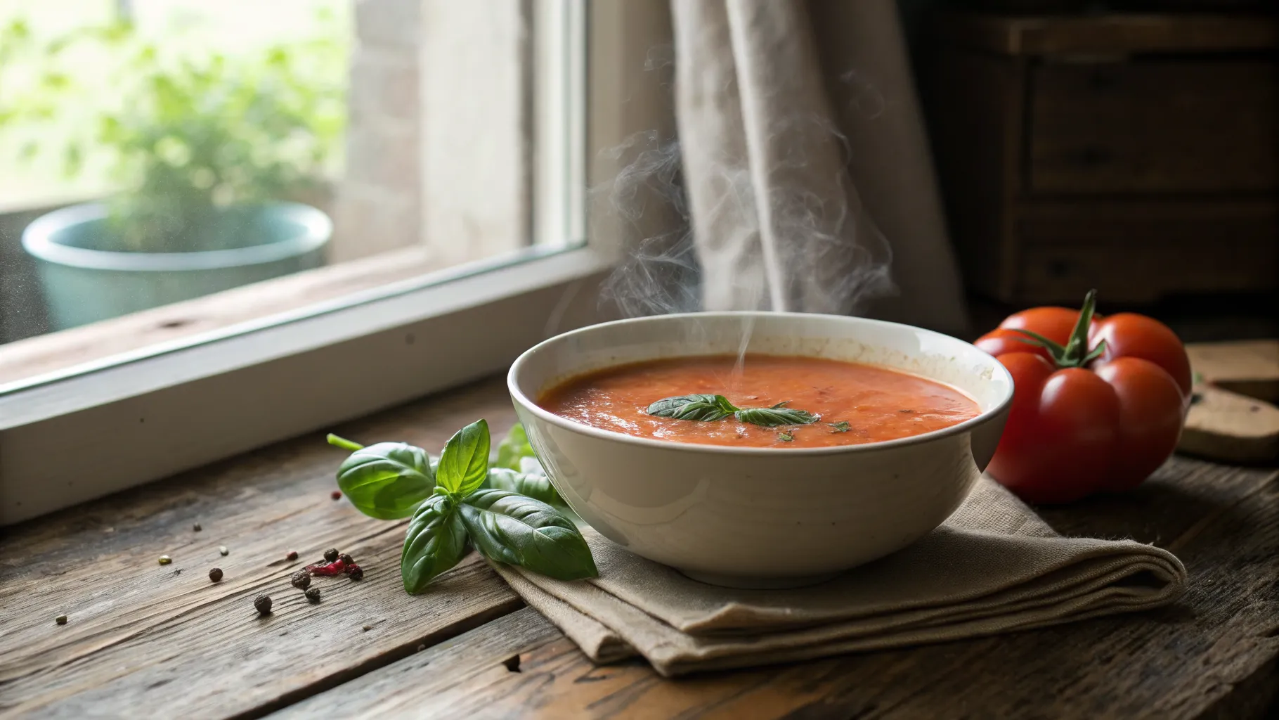 A vibrant single serving bowl of tomato soup, showcasing quick healthy soups for one.