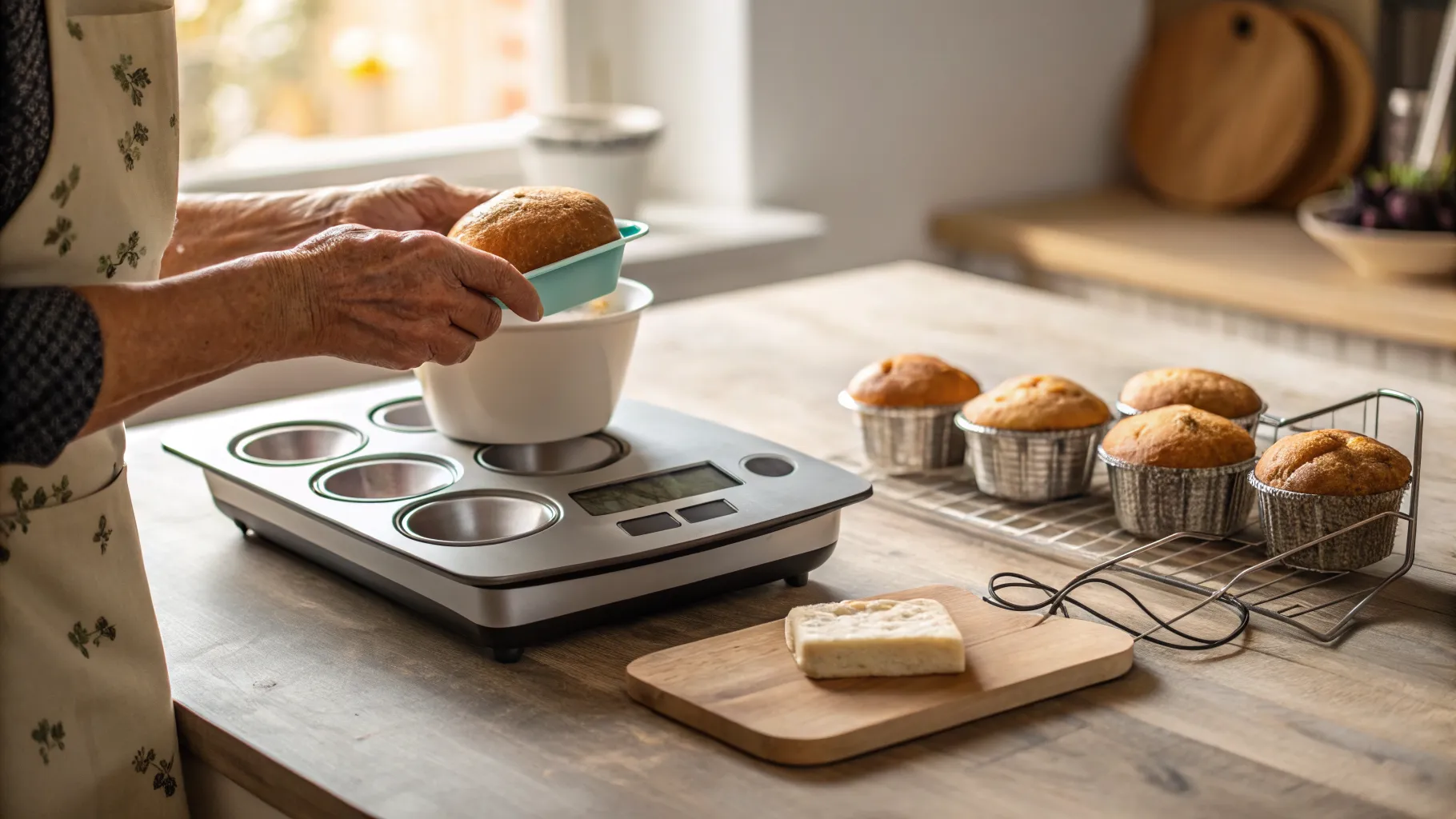 A digital kitchen scale and mini dessert pans for seniors, illustrating the core concepts of an informative guide to precise portion baking.