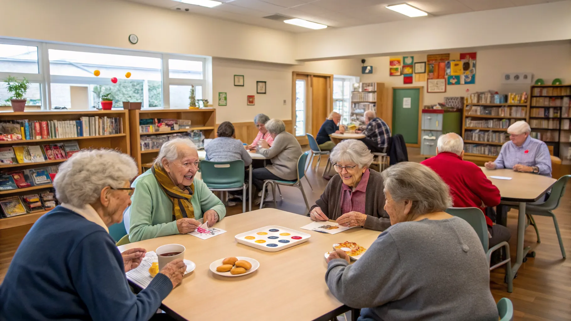 A cheerful group of older adults gathered at a well-lit senior activity center, engaged in conversation.