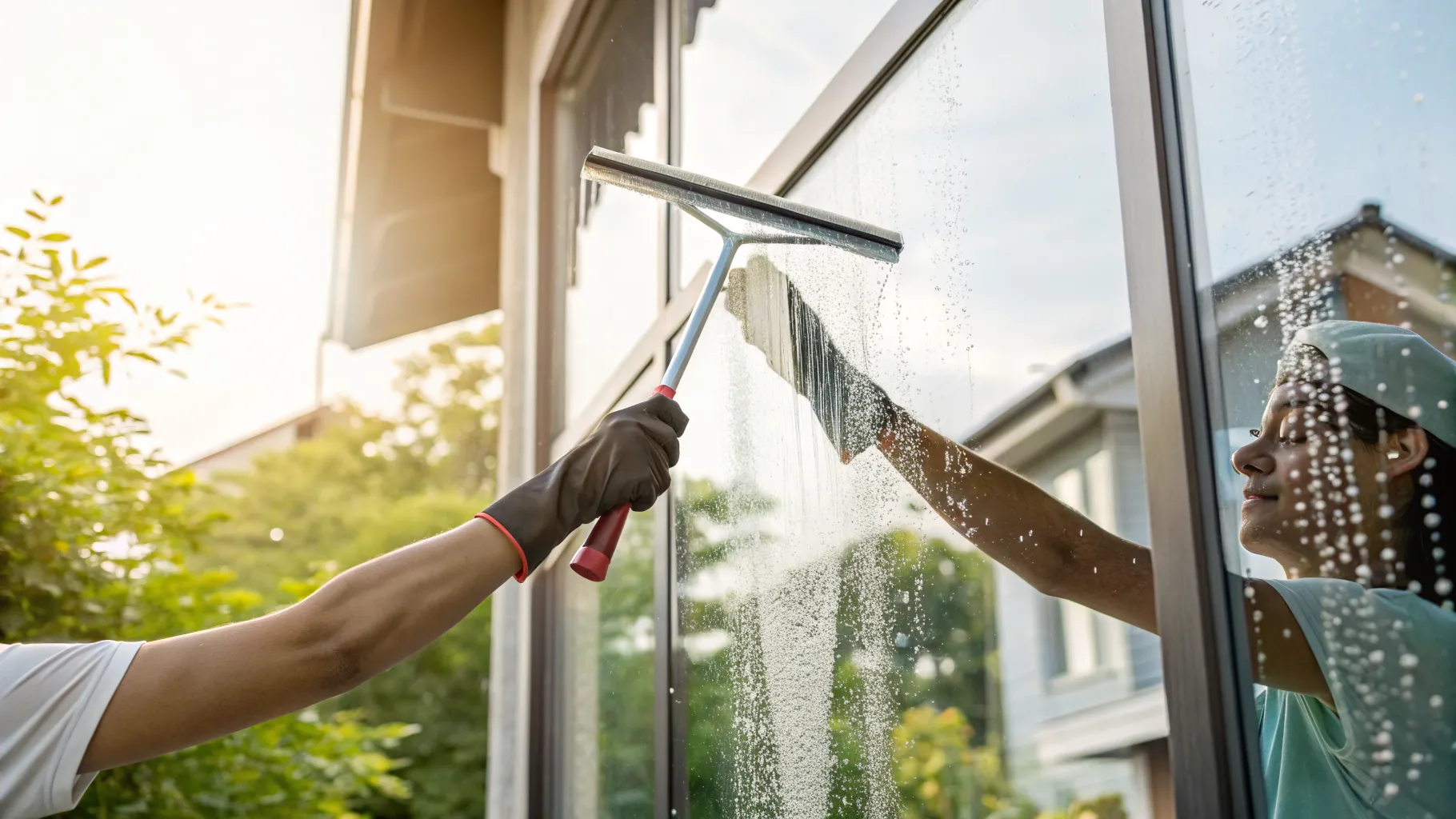 A person using professional glass squeegee tools for streak free window washing on a house exterior