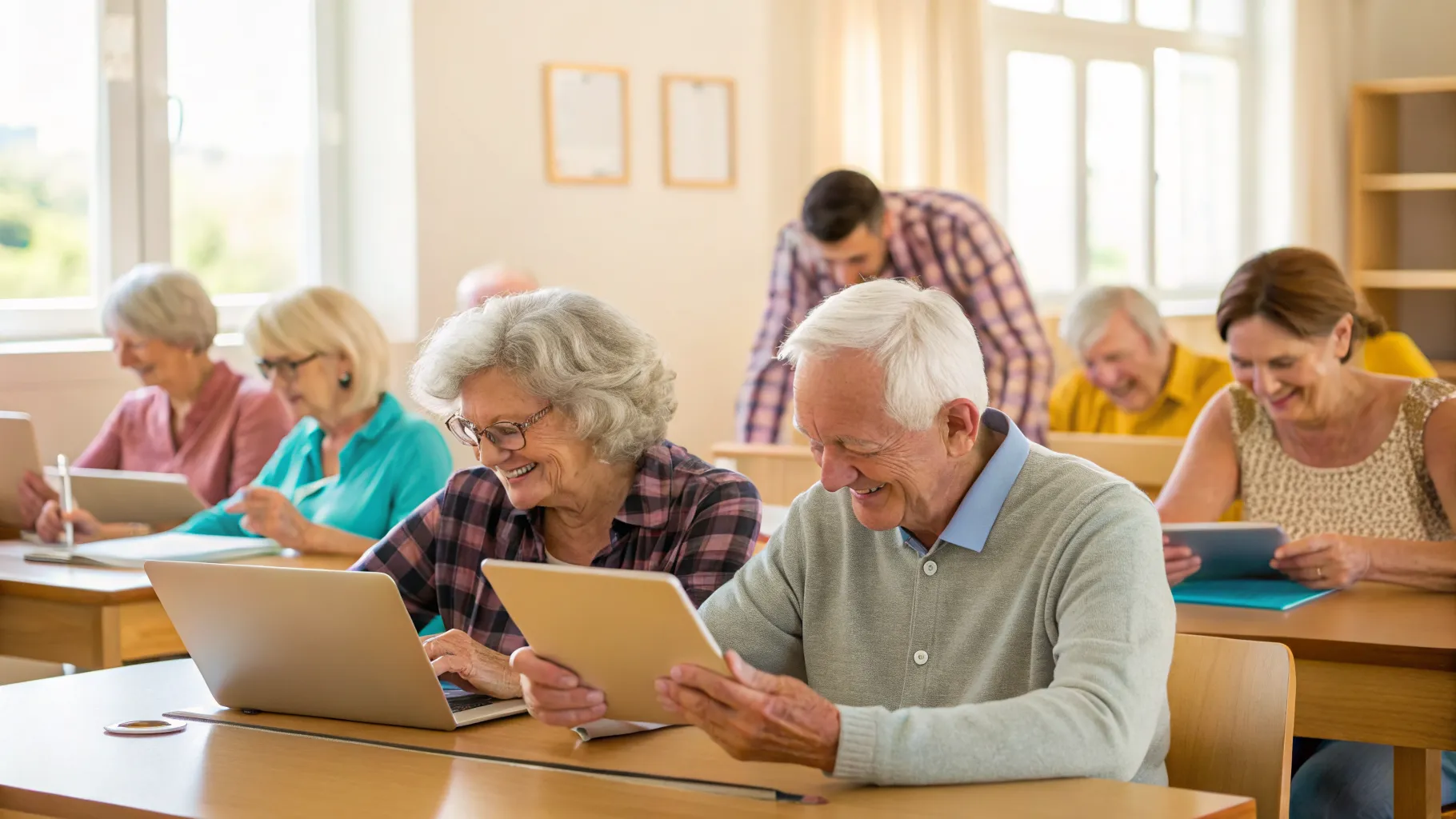 A senior student receiving one-on-one guidance in a local touchscreen device classes for retirees.
