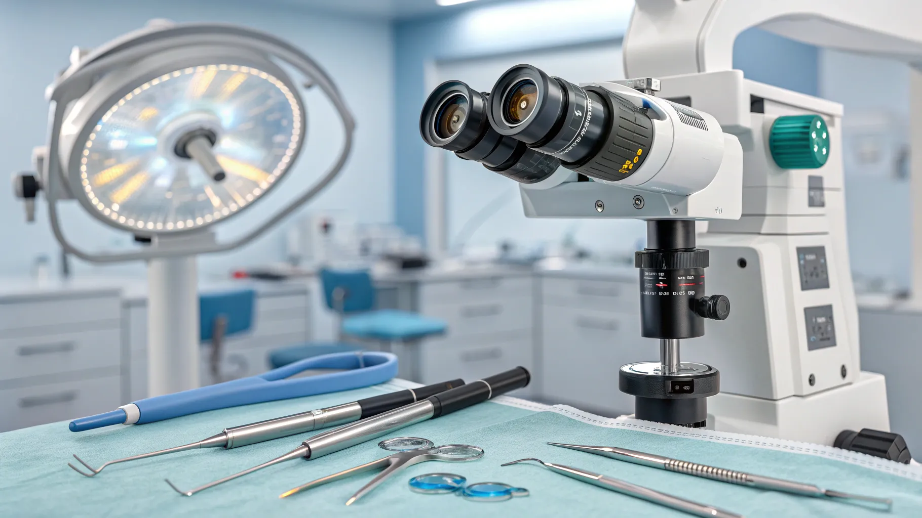 Cataract surgery and premium lens implants equipment in a modern surgical room.