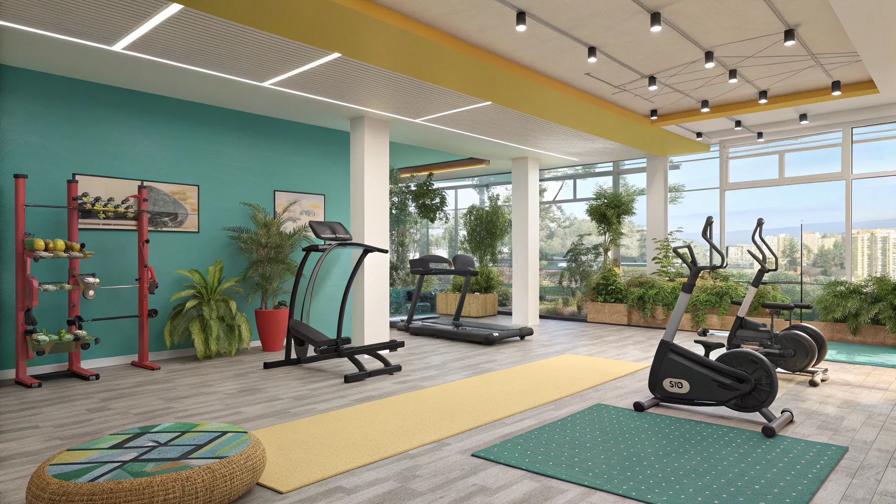 Gym For Seniors: A bright, welcoming gym space filled with accessible fitness equipment.
