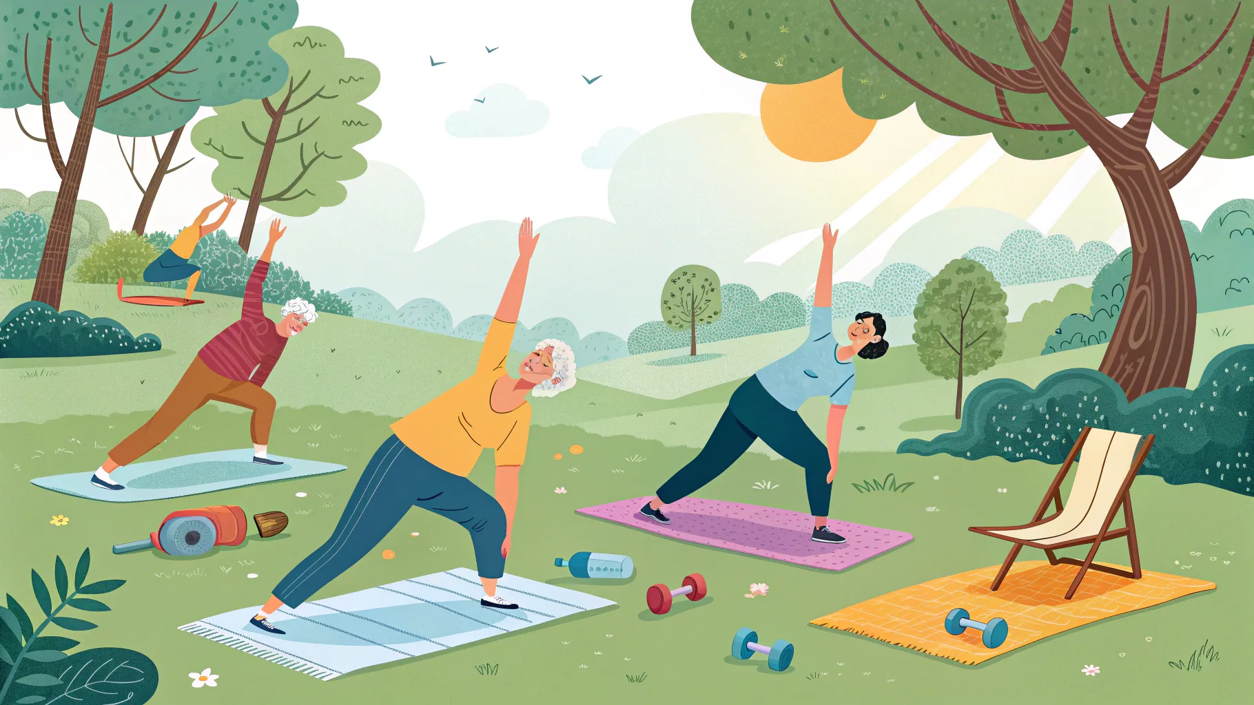 Fitness Classes for Seniors in a vibrant park, showcasing engaging outdoor workouts.