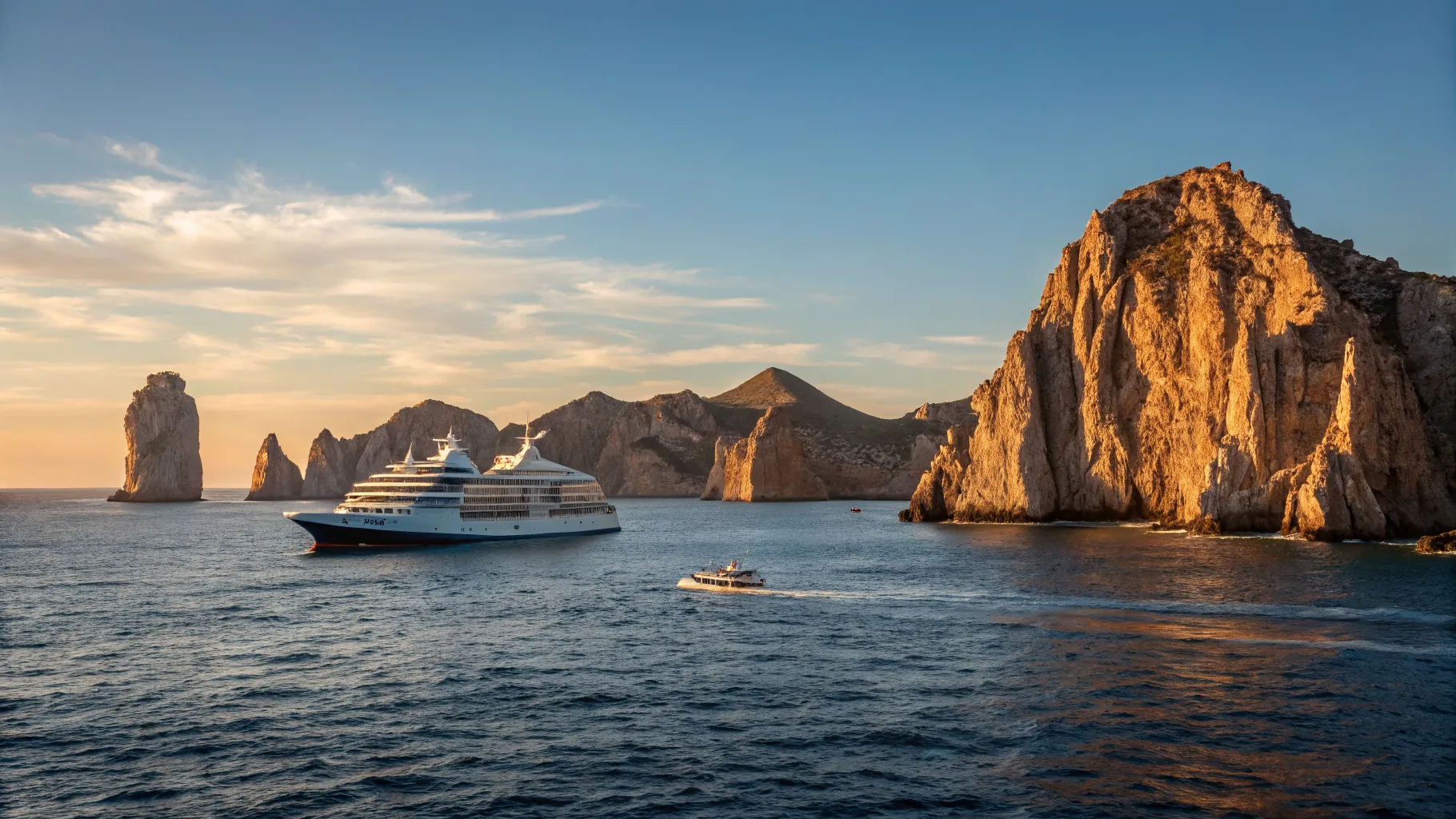 Impresionante vista de un <strong>Crucero por Baja California de Ensenada a Cabo San Lucas</strong> navegando cerca del Arco.