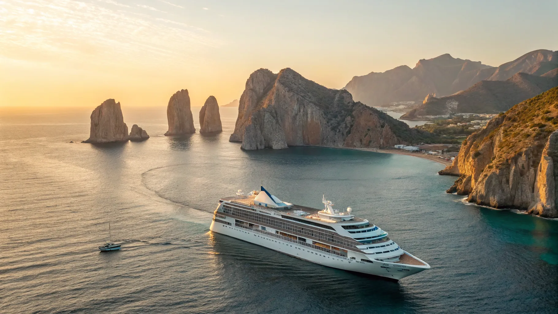 Un majestuoso barco navegando en el <strong>Crucero por la Riviera Mexicana de Puerto Vallarta a Cabo San Lucas y Mazatlán</strong> con la costa de fondo.