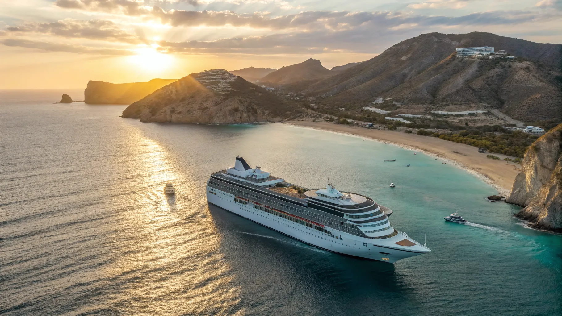 Un majestuoso barco de crucero navegando por las aguas azules de la Riviera Mexicana al atardecer, representando un Crucero de Ida y Vuelta por la Riviera Mexicana desde Puerto Vallarta.