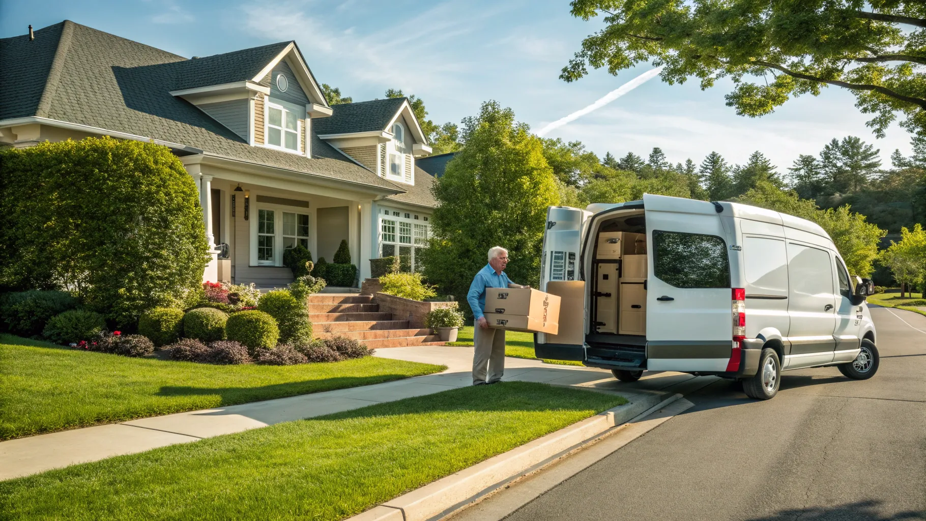 Lieferfahrerjobs für Senioren showing a senior delivering packages in a sunny neighborhood.