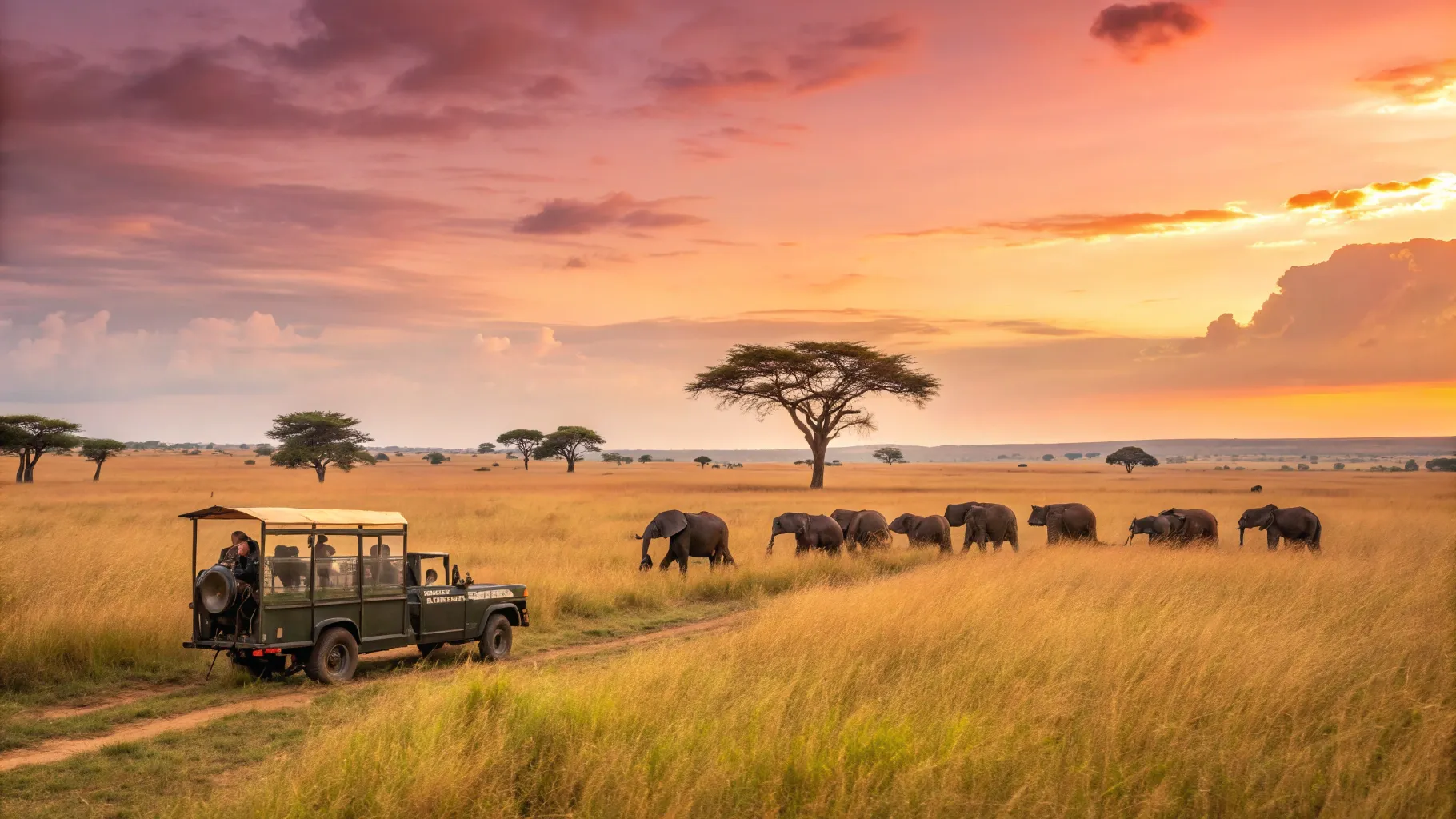 African safari for seniors guide with stunning elephants in a golden savanna at sunset.