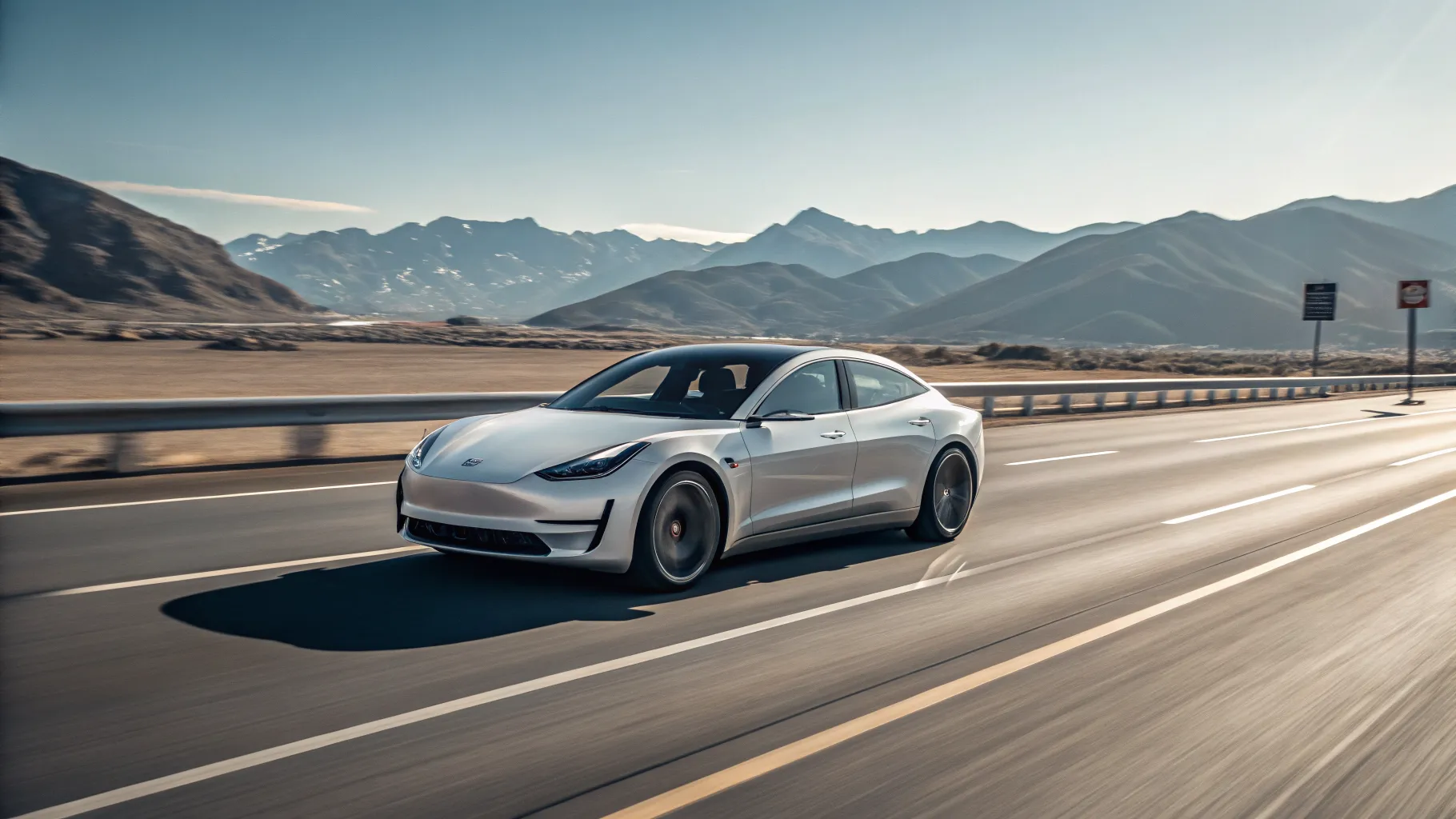 A sleek, silver electric sedan driving on an open highway at sunset, showcasing its impressive longest driving range capabilities.