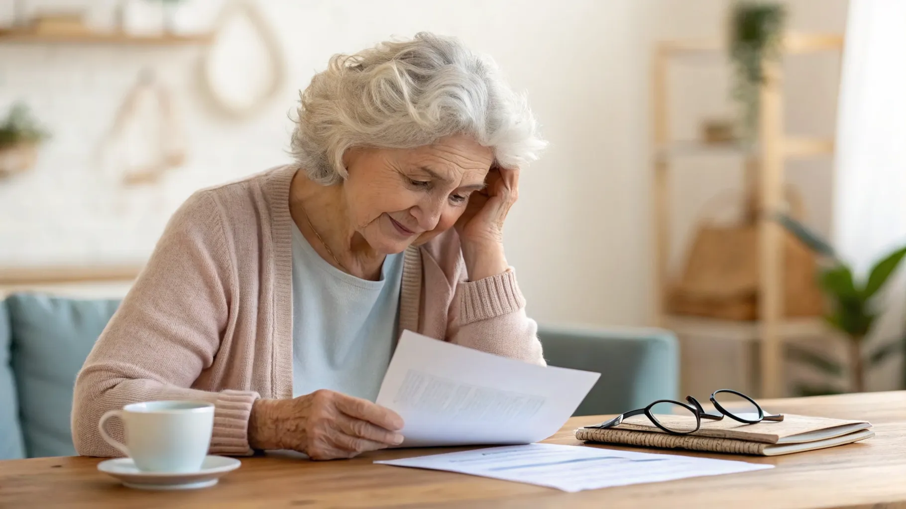 An elderly woman thoughtfully looking at documents, with glasses and a cup of tea on a table, symbolizing financial planning for seniors