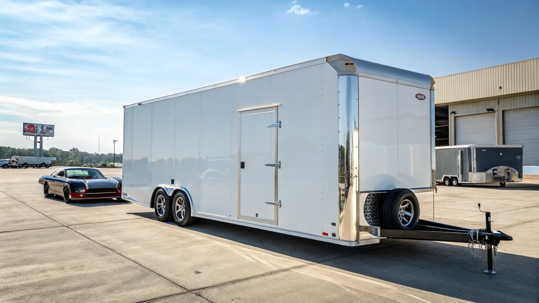 A shiny classic car being carefully loaded into a discount enclosed car hauler trailer at a loading dock, emphasizing secure and affordable transport.