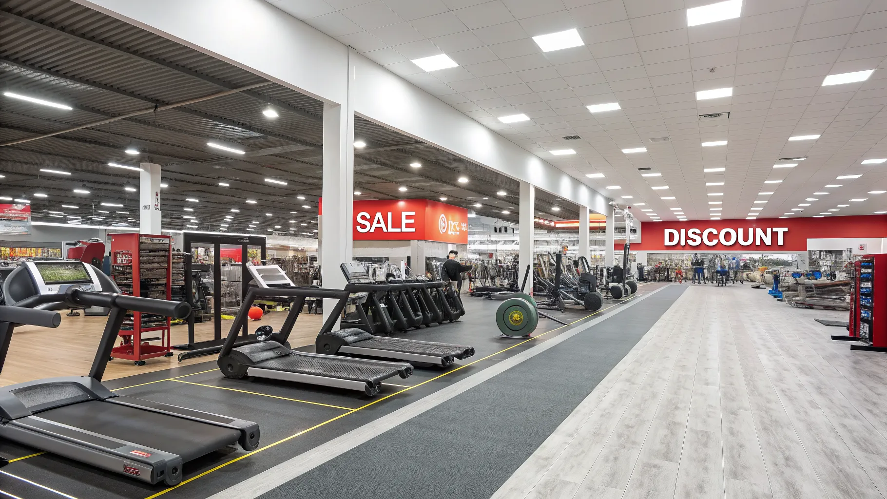 A vibrant image showcasing various types of discounted fitness equipment arranged in a modern gym setting, emphasizing potential savings and quality products.