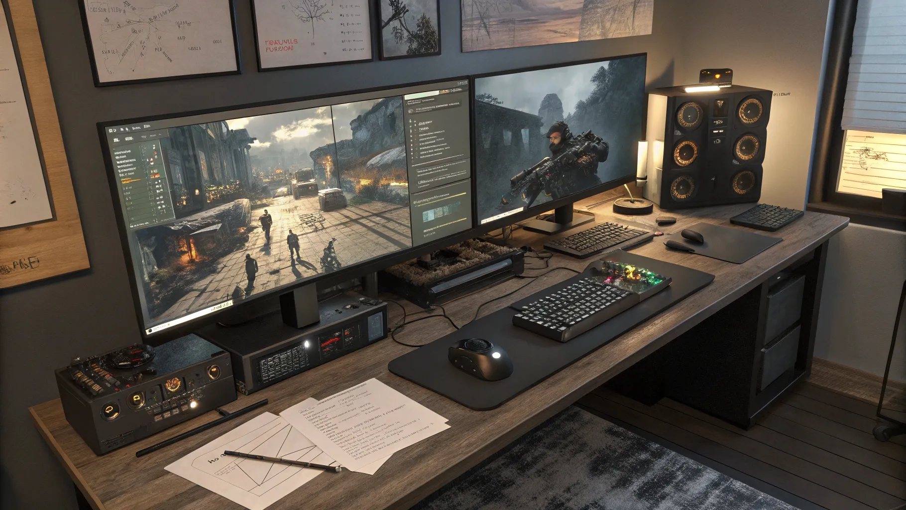 Career Paths in the Video Game Industry: A game testing workstation with monitors and gear.