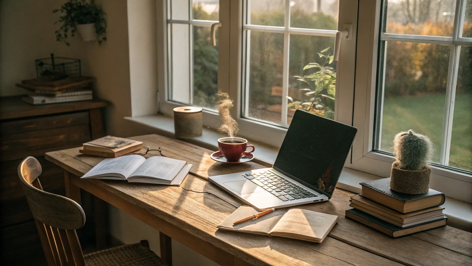 College Courses for Seniors: A warm study space with a laptop and cozy reading materials.