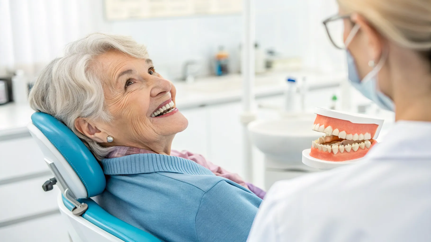 Elderly man confidently smiling after receiving new dentures, symbolizing comprehensive <strong>Medicare denture coverage</strong> in 2026.
