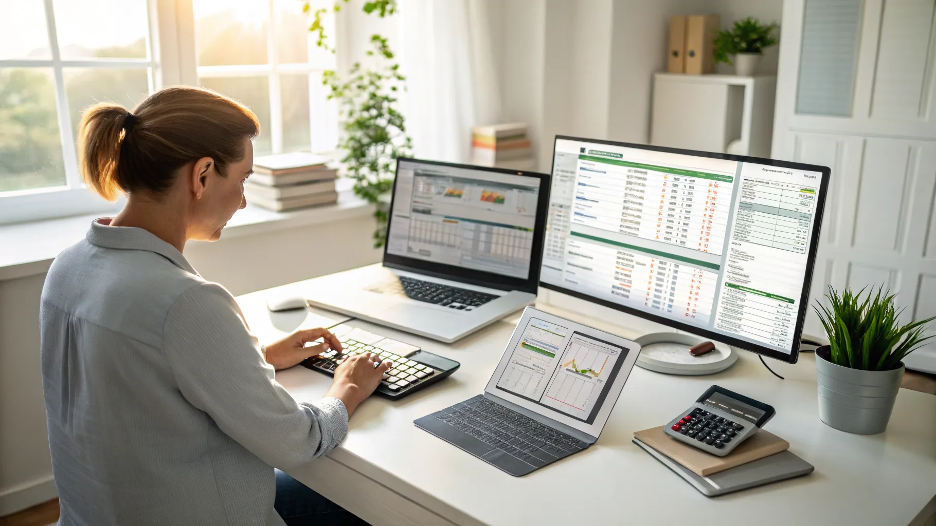 A financial professional successfully working from home in a remote accounting role, utilizing a laptop and multiple monitors.