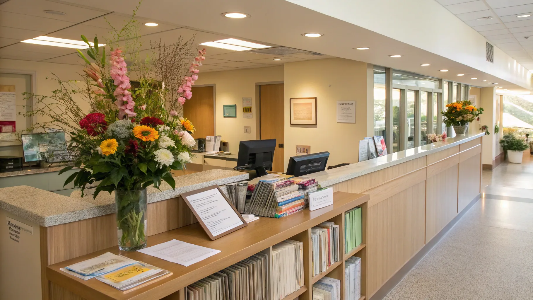 Simple Clerical Jobs for Seniors at Hospital: a warm hospital reception desk with clerical items.