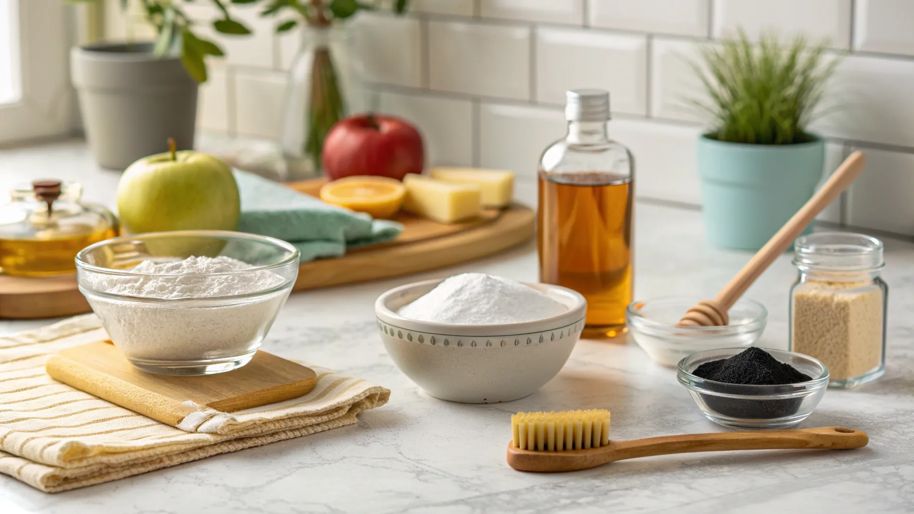 Complete Guide to natural Teeth Whitening showcases natural ingredients on a countertop.