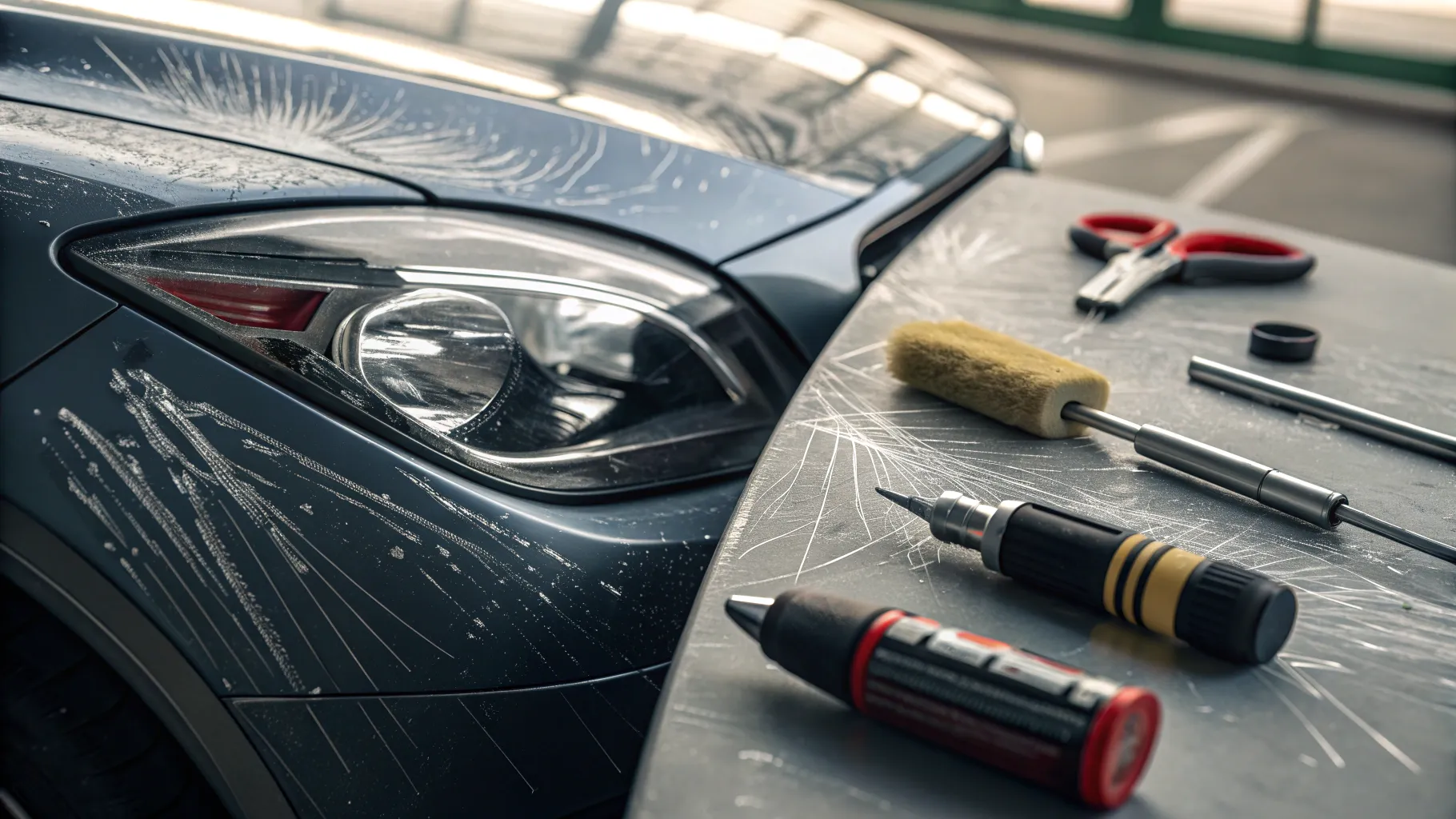Car Paint For Scratches showing scratch details with a touch-up paint kit nearby.