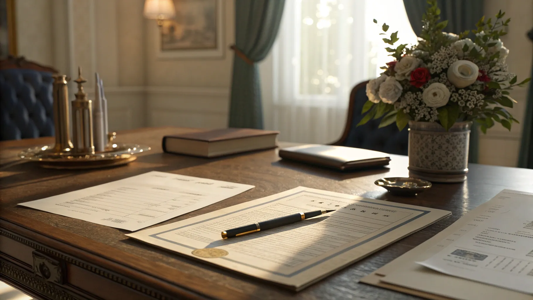 Documents for financial planning with a pen and a subtle flower.