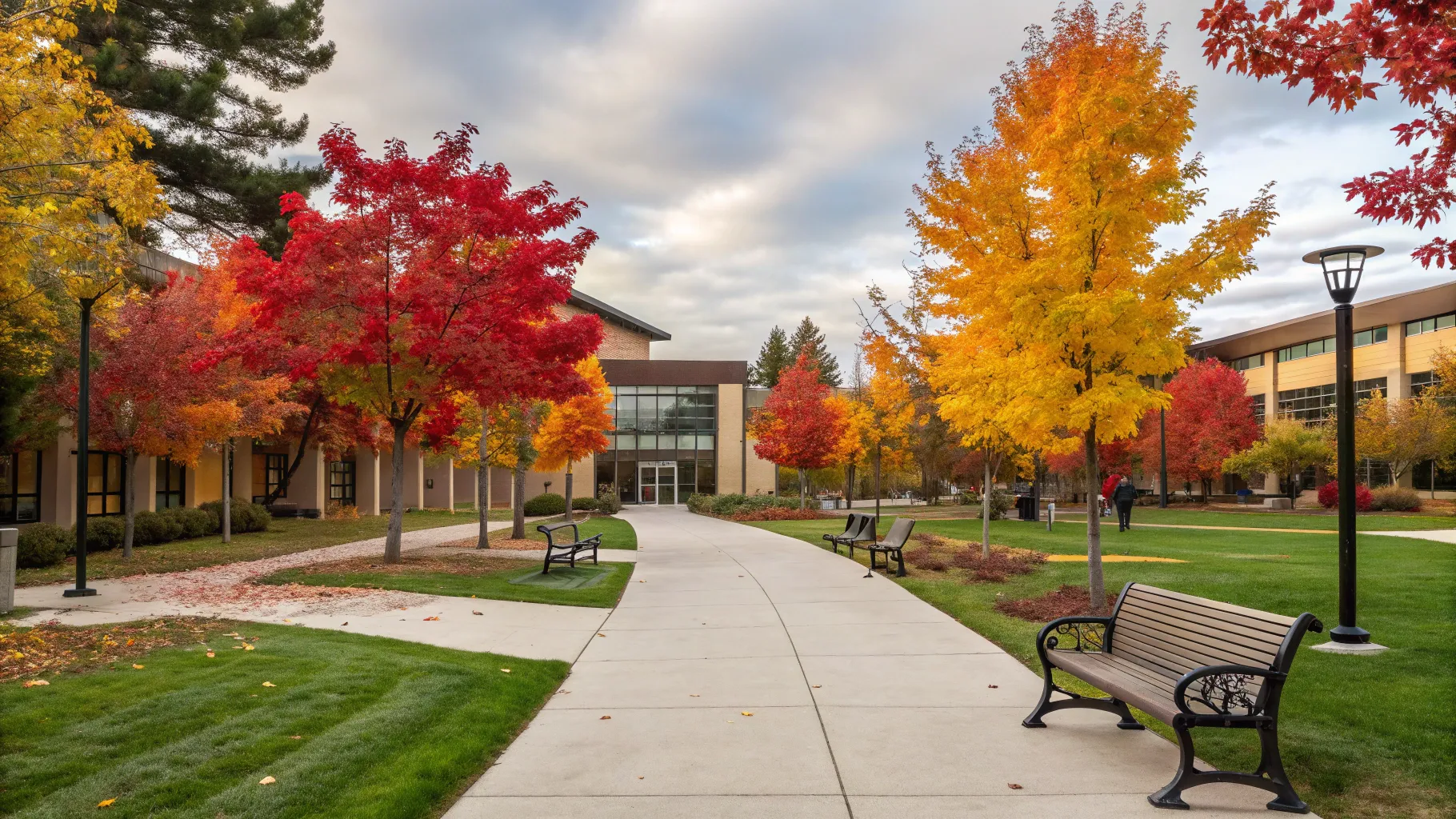 Community College For Seniors vibrant campus welcoming older learners with colorful trees.