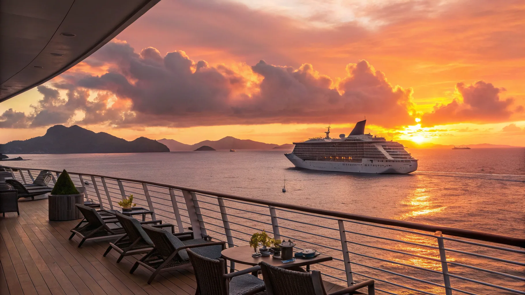 luxury cruise 150 days: A sunset view from a ship's deck with stunning ocean scenery.