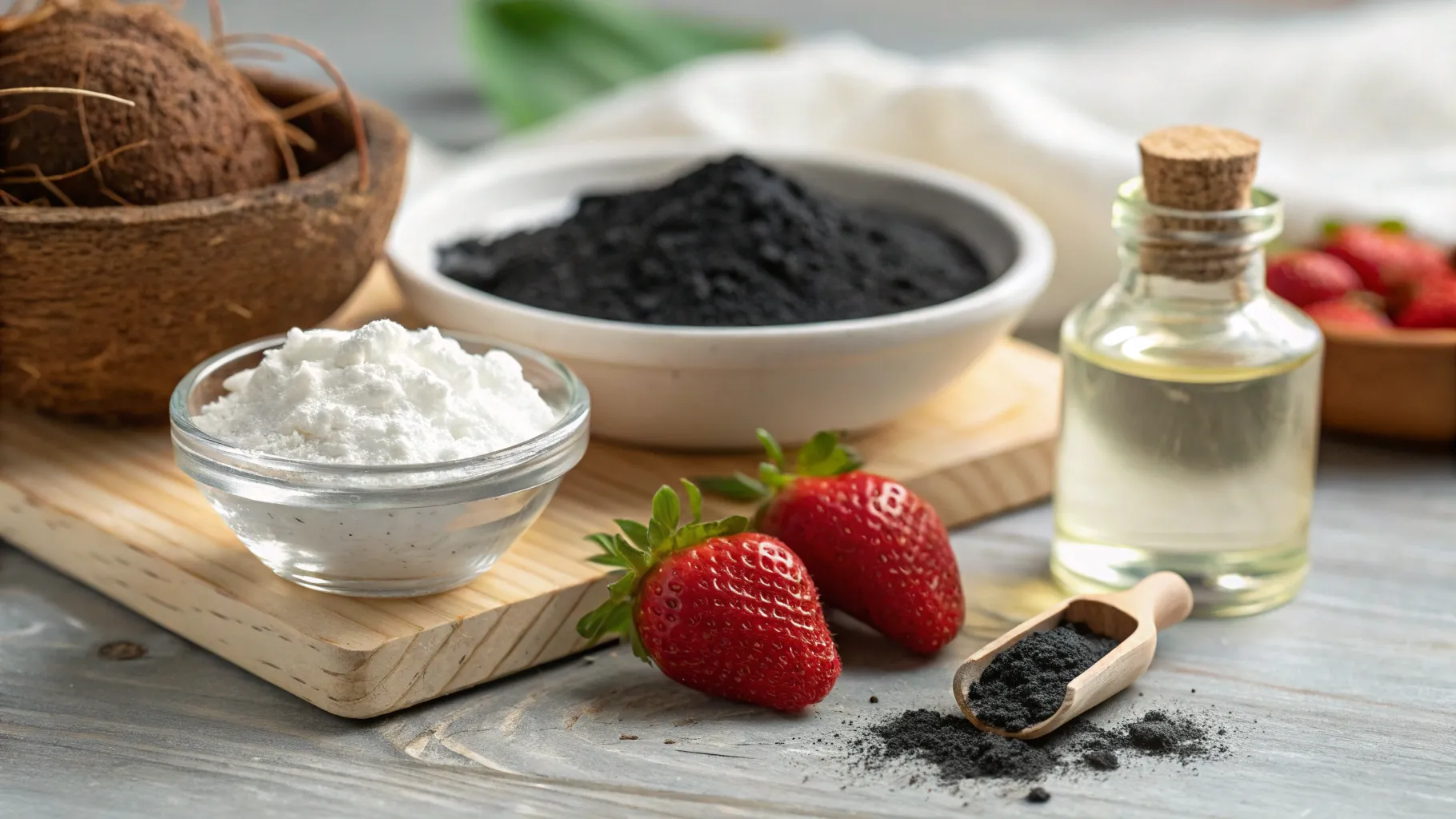 Natural Teeth Whitening for Older Adults: Ingredients for a bright smile on wooden surface.