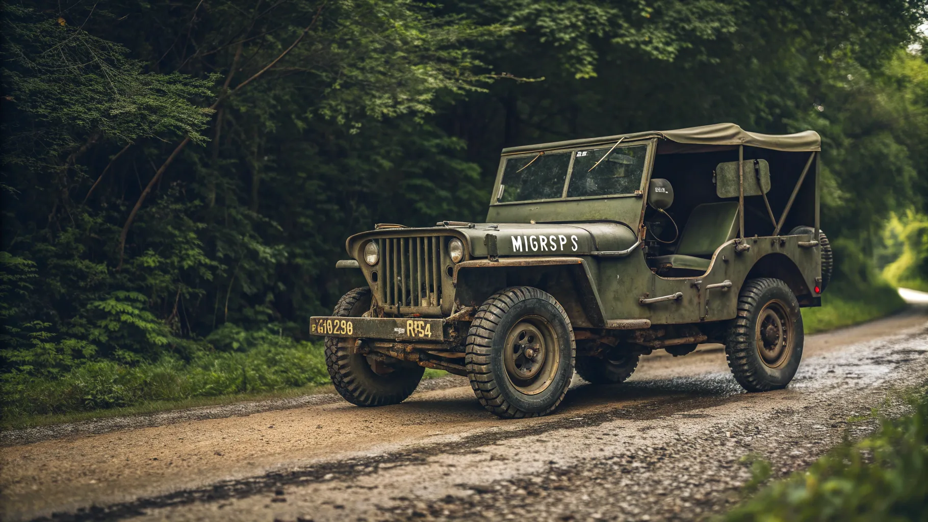 Old military vehicles for sale feature a vintage Jeep in a scenic outdoor setting.