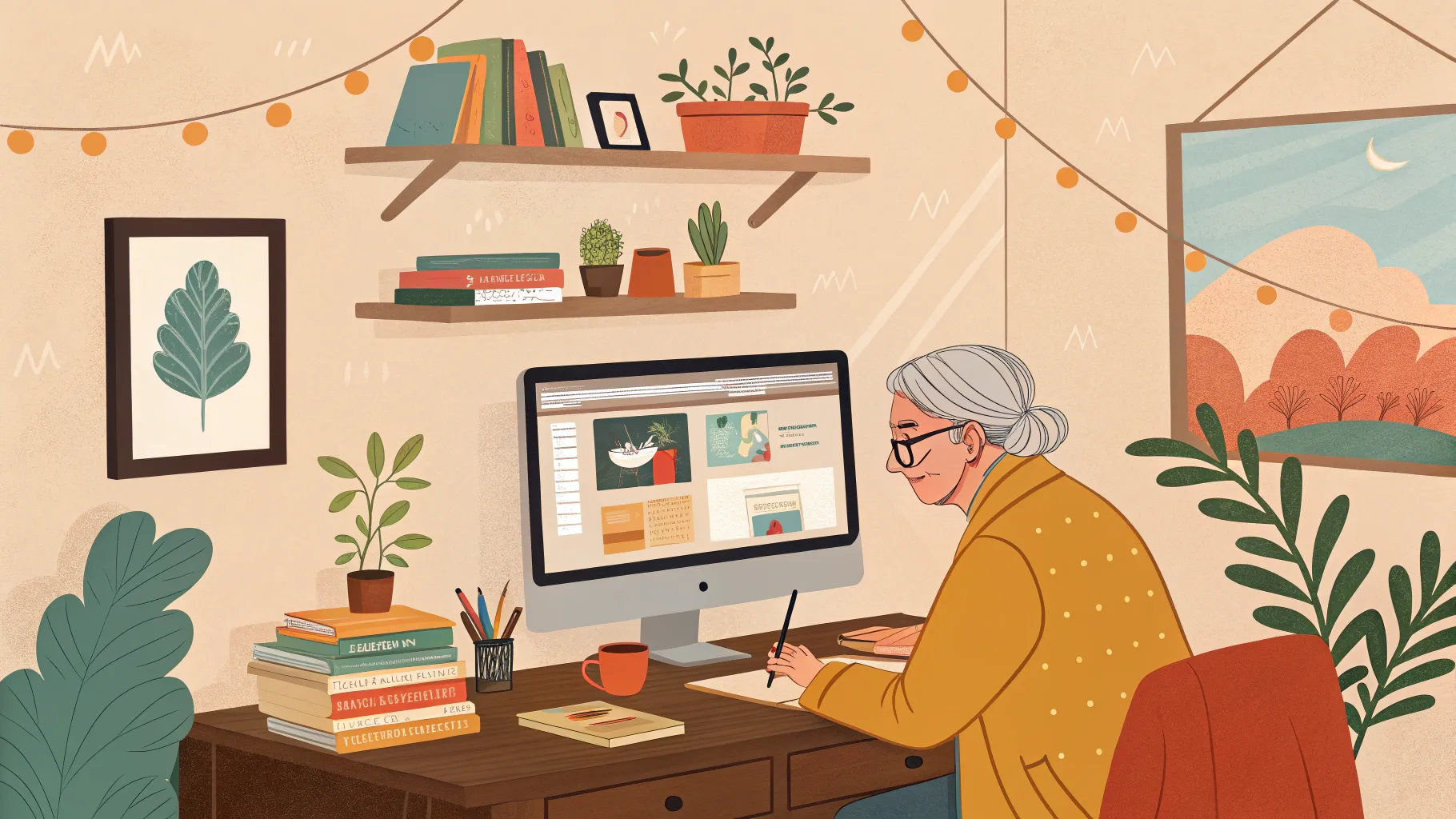 Online Courses For Seniors: A warm home scene with a senior learning on a computer.