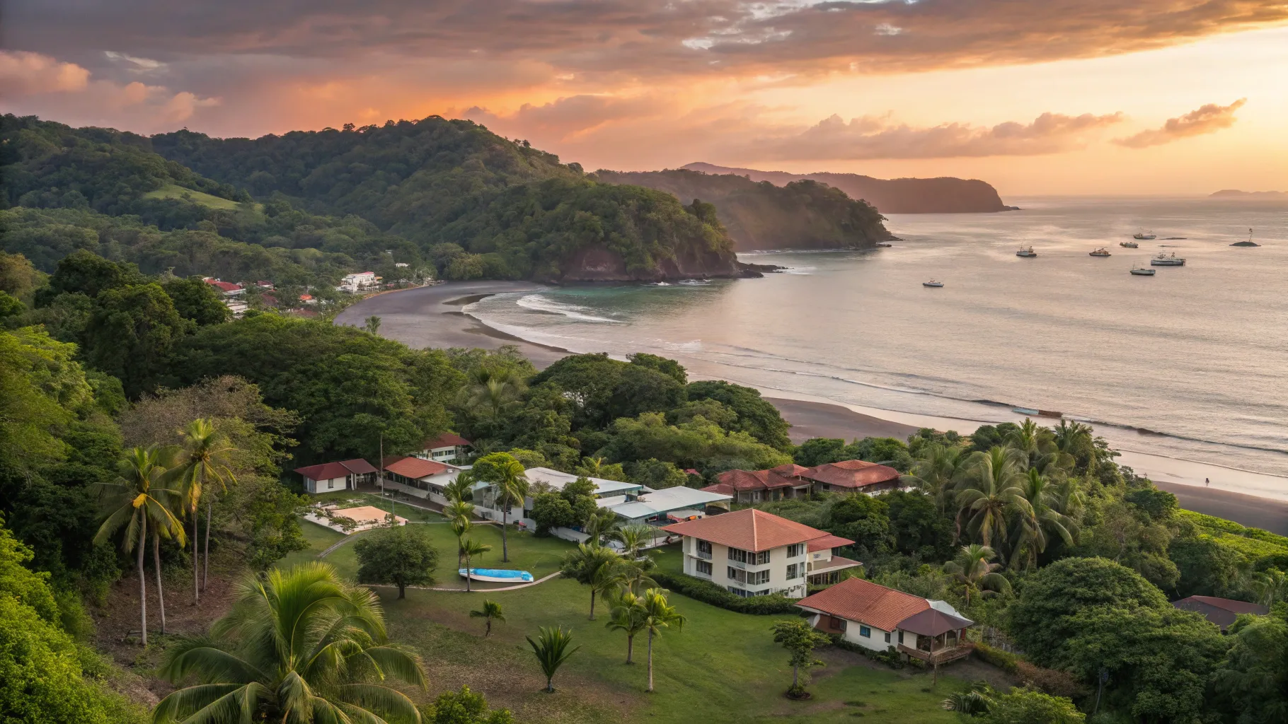 Retirement Spots Overseas: Coastal community with serene beaches and lush tropical scenery.