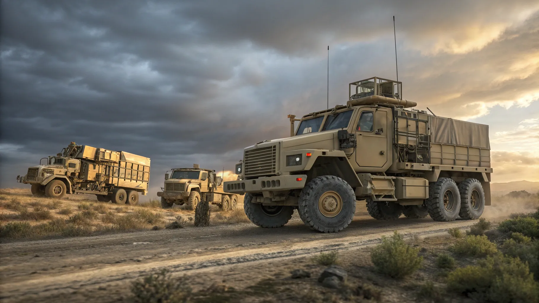 Top 10 Military Trucks Still in Service 2025 convoy on rugged terrain, showcasing powerful designs.