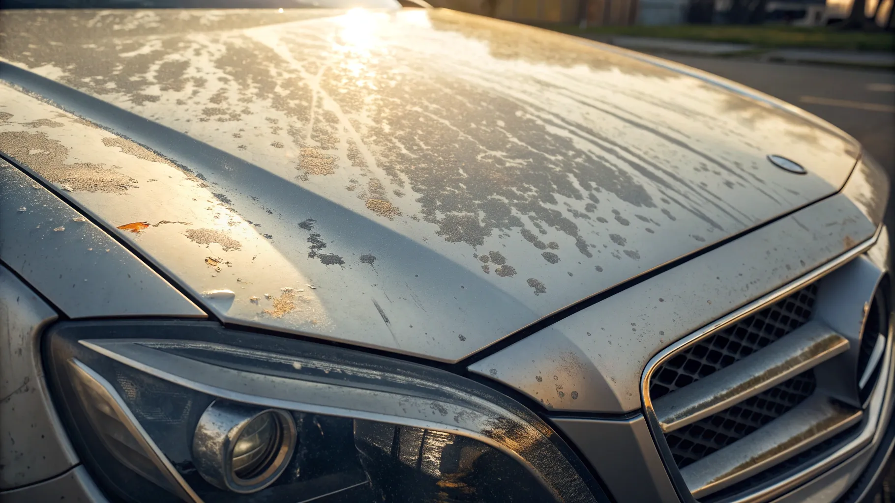 Car Paint Oxidation reveals dull surfaces and texture contrasts on a vehicle's hood.