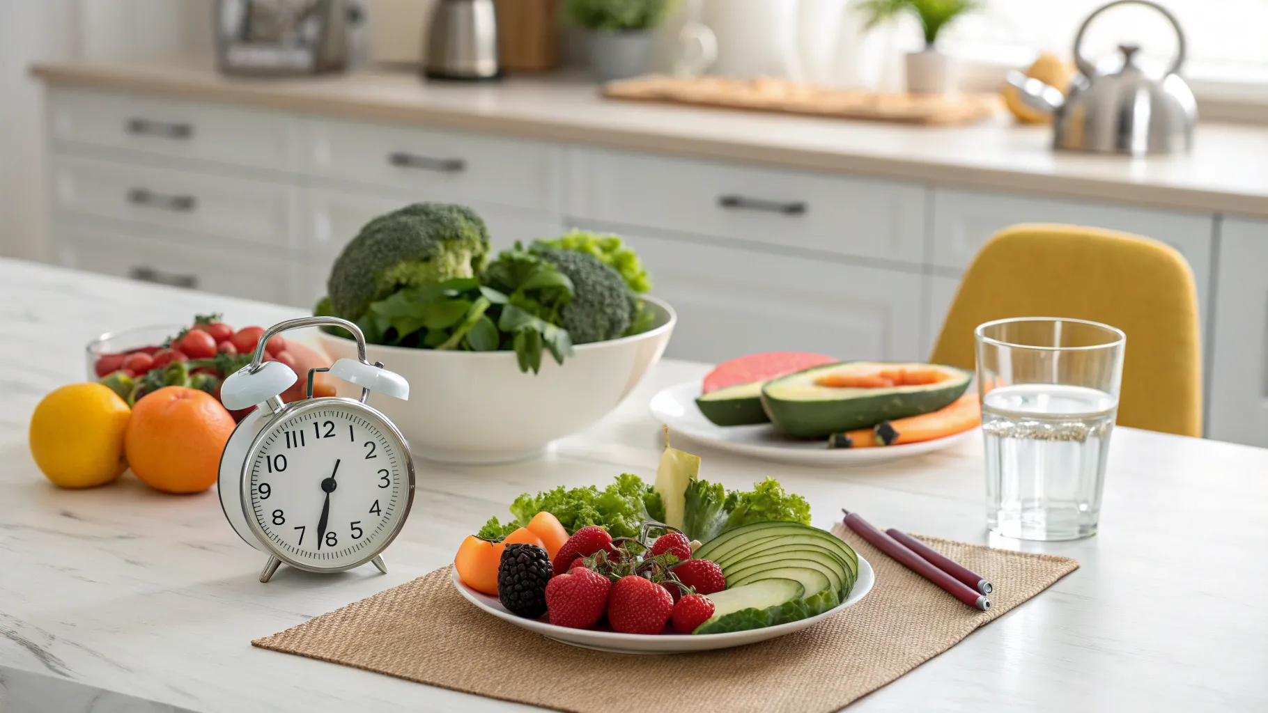 Bienfaits du Jeûne Intermittent illustrated with healthy foods and a calming setting.