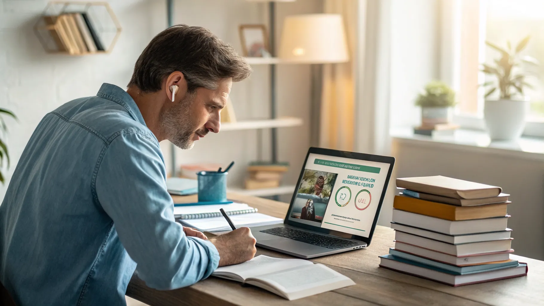 Un adulto che studia psicologia online al laptop, con libri e appunti, in un ambiente domestico confortevole.
