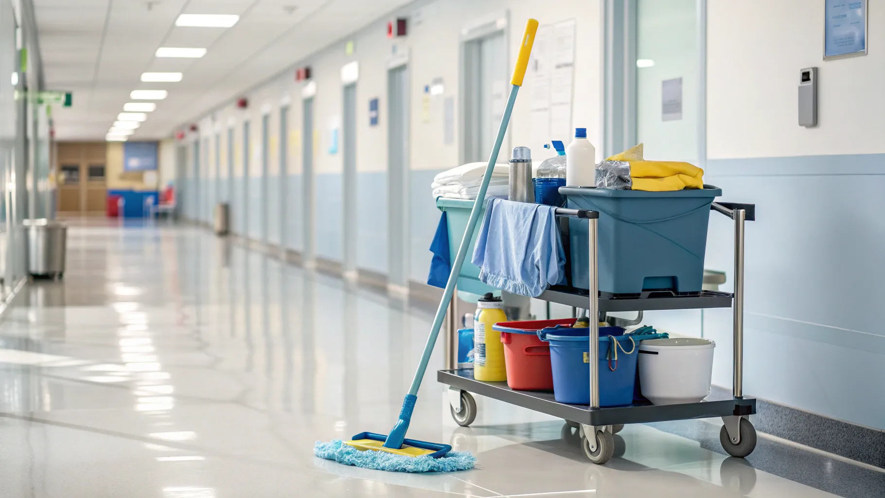 Carriere nella Pulizia Ospedaliera featuring a clean corridor with professional cleaning tools.